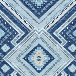 Photo of Navy Blue Aqua And Ivory Tribal Washable Indoor Outdoor Area Rug