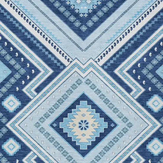Navy Blue Aqua And Ivory Tribal Washable Indoor Outdoor Area Rug Photo 5
