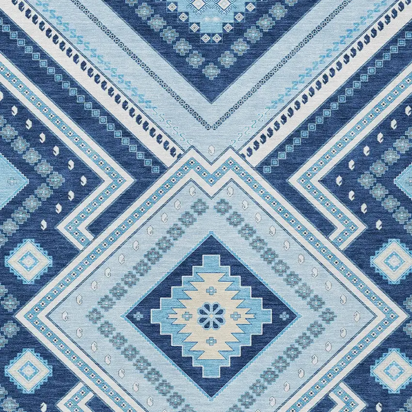 Navy Blue Aqua And Ivory Tribal Washable Indoor Outdoor Area Rug Photo 5