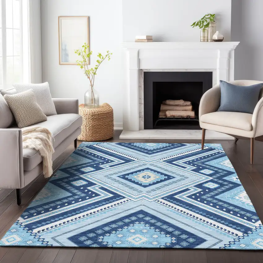 Navy Blue Aqua And Ivory Tribal Washable Indoor Outdoor Area Rug Photo 9