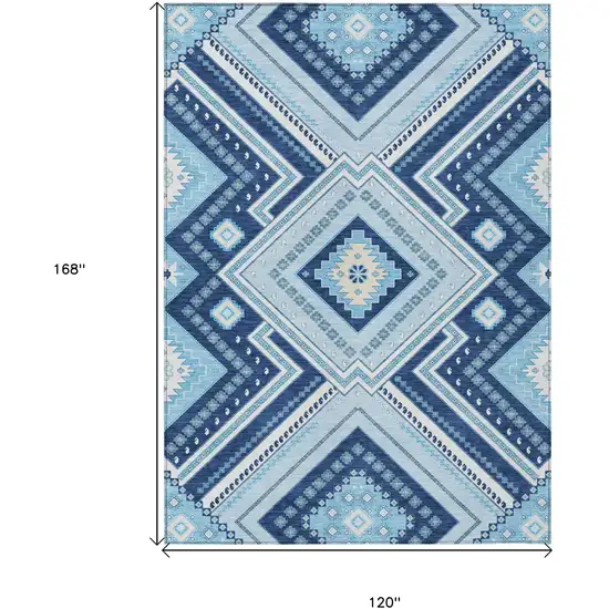 Navy Blue Aqua And Ivory Tribal Washable Indoor Outdoor Area Rug Photo 3
