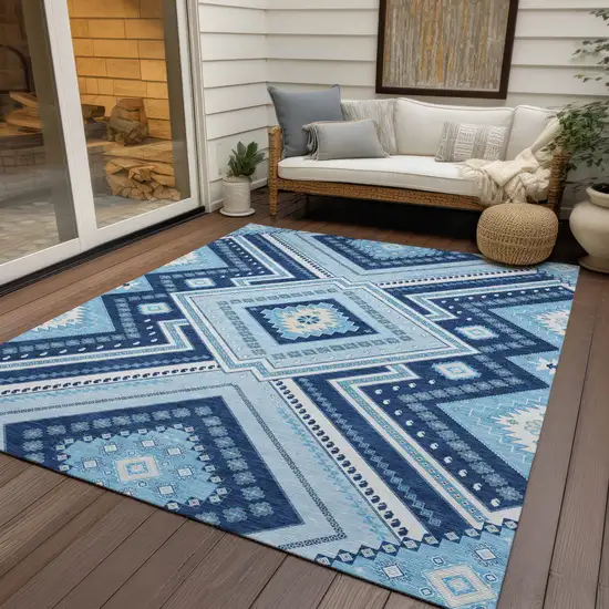Navy Blue Aqua And Ivory Tribal Washable Indoor Outdoor Area Rug Photo 8