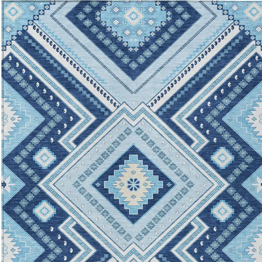 Navy Blue Aqua And Ivory Tribal Washable Indoor Outdoor Area Rug Photo 7