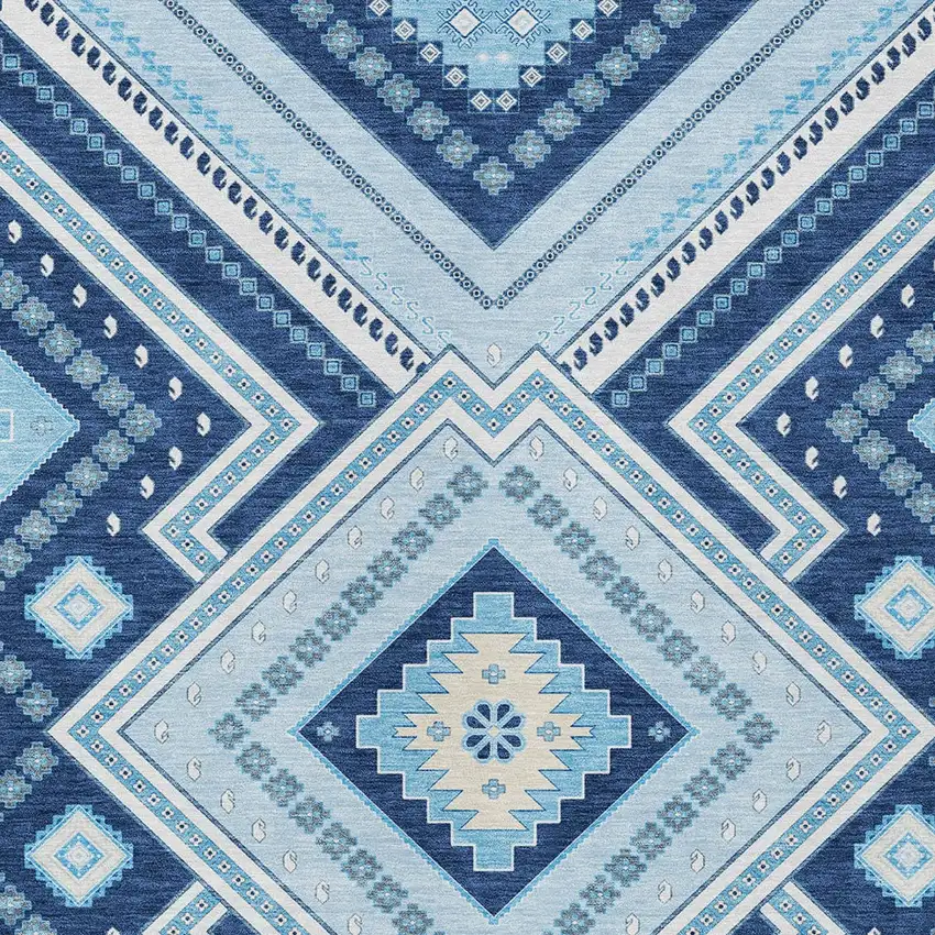 Navy Blue Aqua And Ivory Tribal Washable Indoor Outdoor Area Rug Photo 5