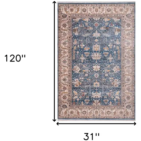 Navy Blue Beige And Brown Oriental Runner Rug With Fringe Photo 9