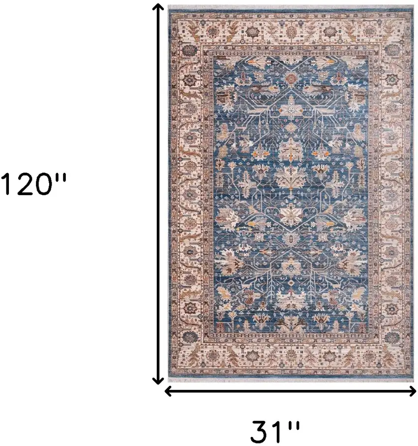 Navy Blue Beige And Brown Oriental Runner Rug With Fringe Photo 9