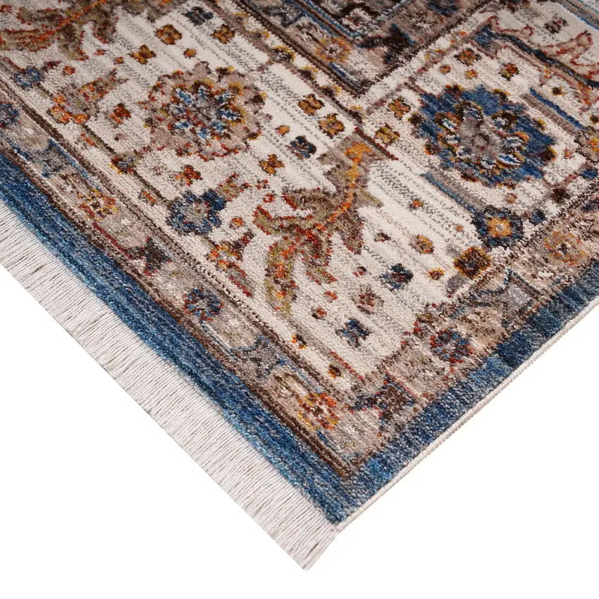 Navy Blue Beige And Brown Oriental Runner Rug With Fringe Photo 7