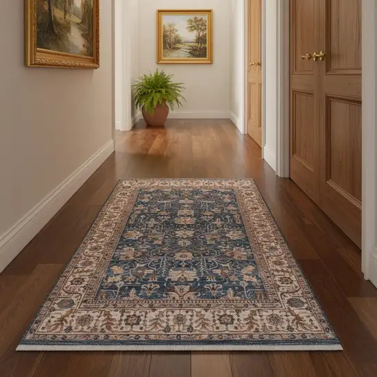 Navy Blue Beige And Brown Oriental Runner Rug With Fringe Photo 1