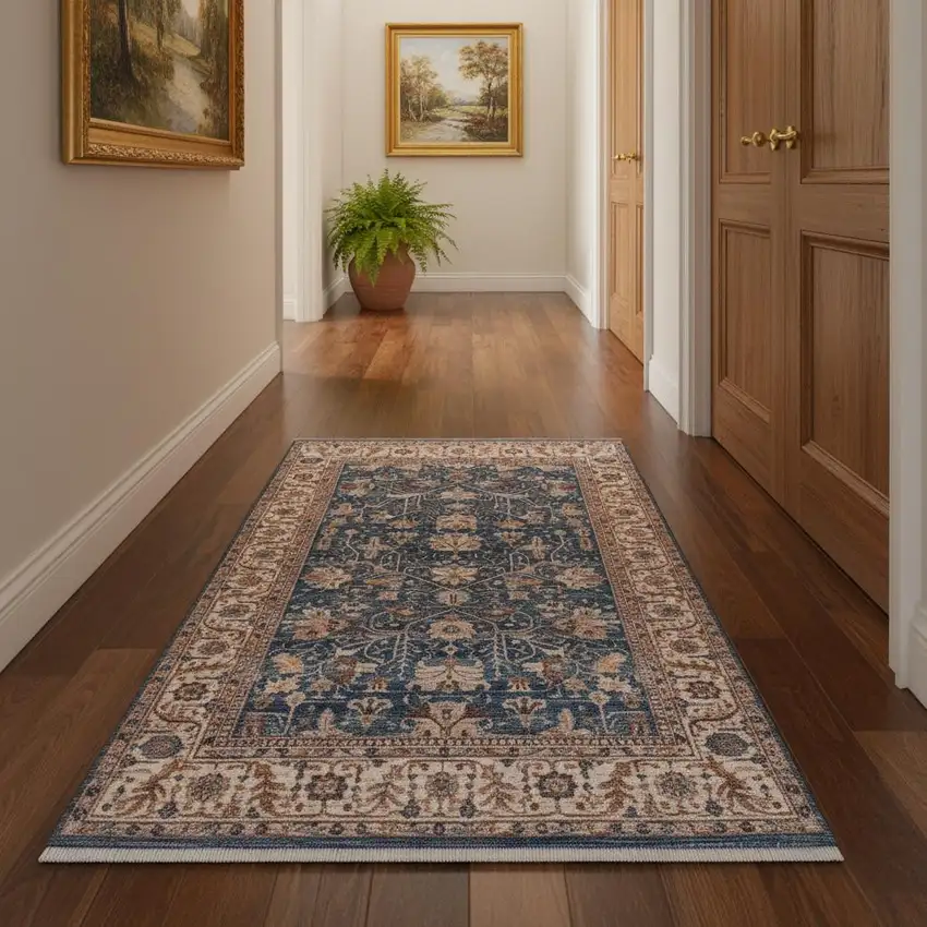 Navy Blue Beige And Brown Oriental Runner Rug With Fringe Photo 1