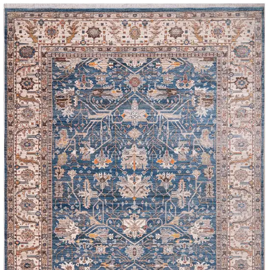 Navy Blue Beige And Brown Oriental Runner Rug With Fringe Photo 4
