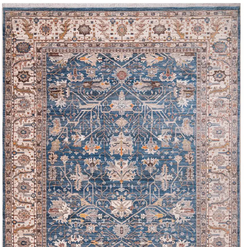 Navy Blue Beige And Brown Oriental Runner Rug With Fringe Photo 4