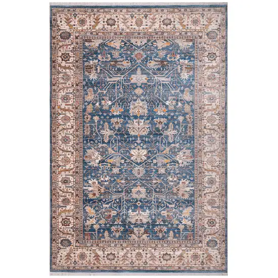 Navy Blue Beige And Brown Oriental Runner Rug With Fringe Photo 5