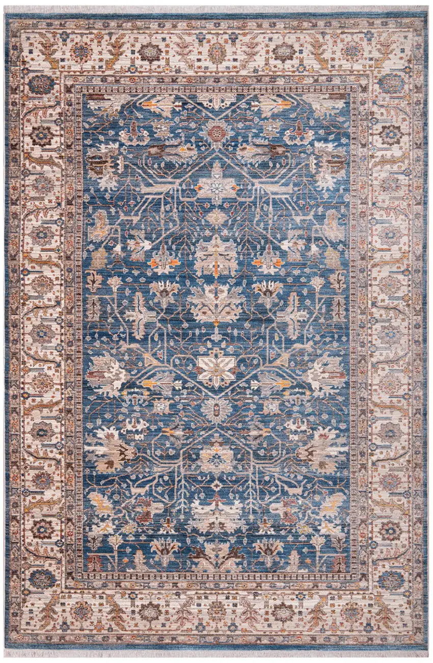 Navy Blue Beige And Brown Oriental Runner Rug With Fringe Photo 5