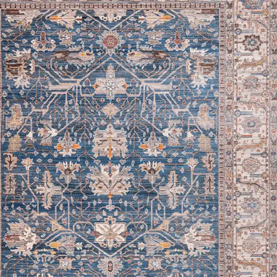 Navy Blue Beige And Brown Oriental Runner Rug With Fringe Photo 3