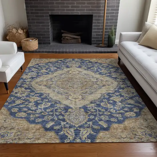 Navy Blue Beige And Brown Oriental Washable Indoor Outdoor Area Rug Photo 9