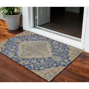 Photo of Navy Blue Beige And Brown Oriental Washable Indoor Outdoor Area Rug