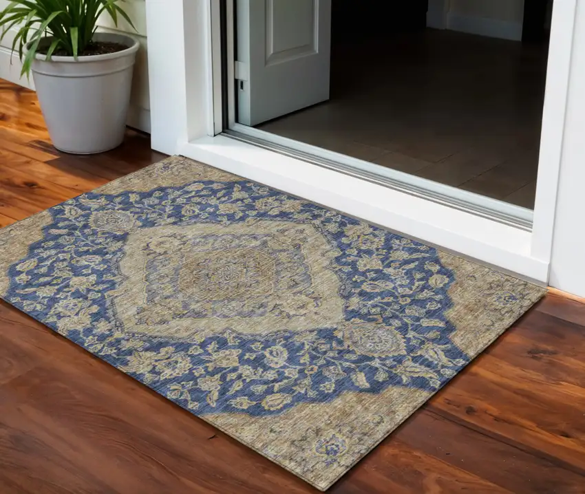 Navy Blue Beige And Brown Oriental Washable Indoor Outdoor Area Rug Photo 1
