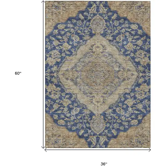 Navy Blue Beige And Brown Oriental Washable Indoor Outdoor Area Rug Photo 7