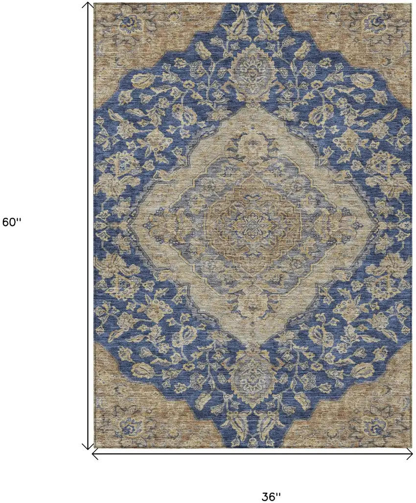 Navy Blue Beige And Brown Oriental Washable Indoor Outdoor Area Rug Photo 7