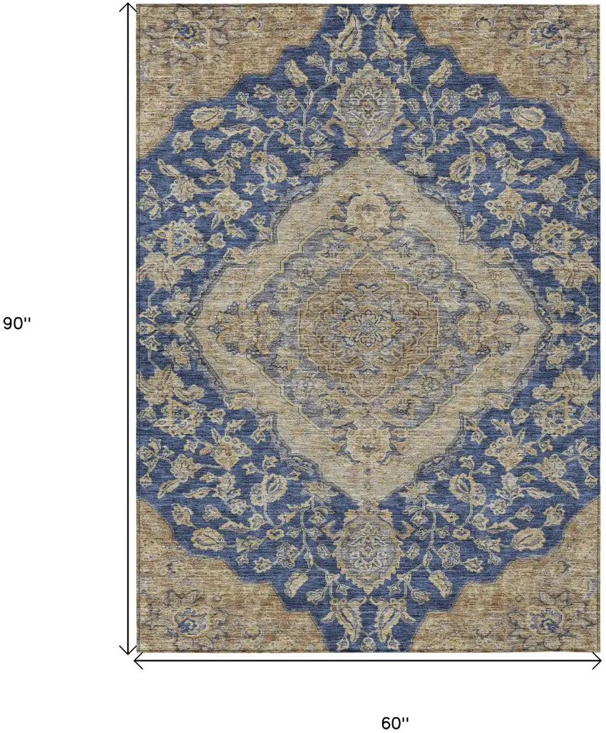 Navy Blue Beige And Brown Oriental Washable Indoor Outdoor Area Rug Photo 7