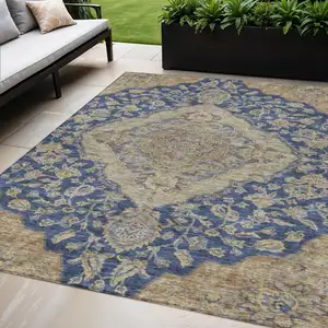 Photo of Navy Blue Beige And Brown Oriental Washable Indoor Outdoor Area Rug
