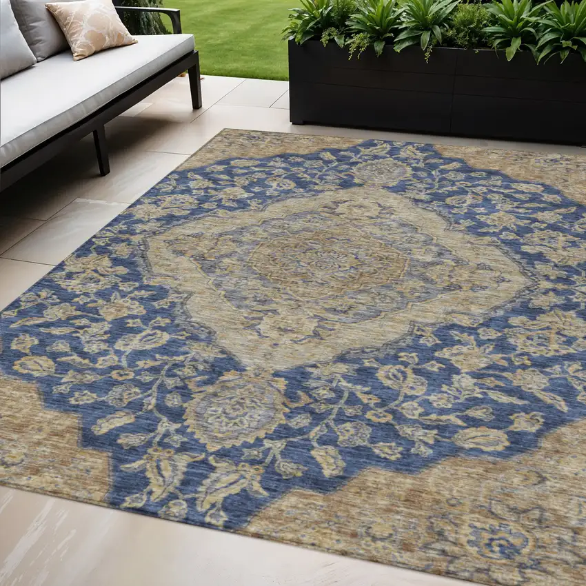 Navy Blue Beige And Brown Oriental Washable Indoor Outdoor Area Rug Photo 1