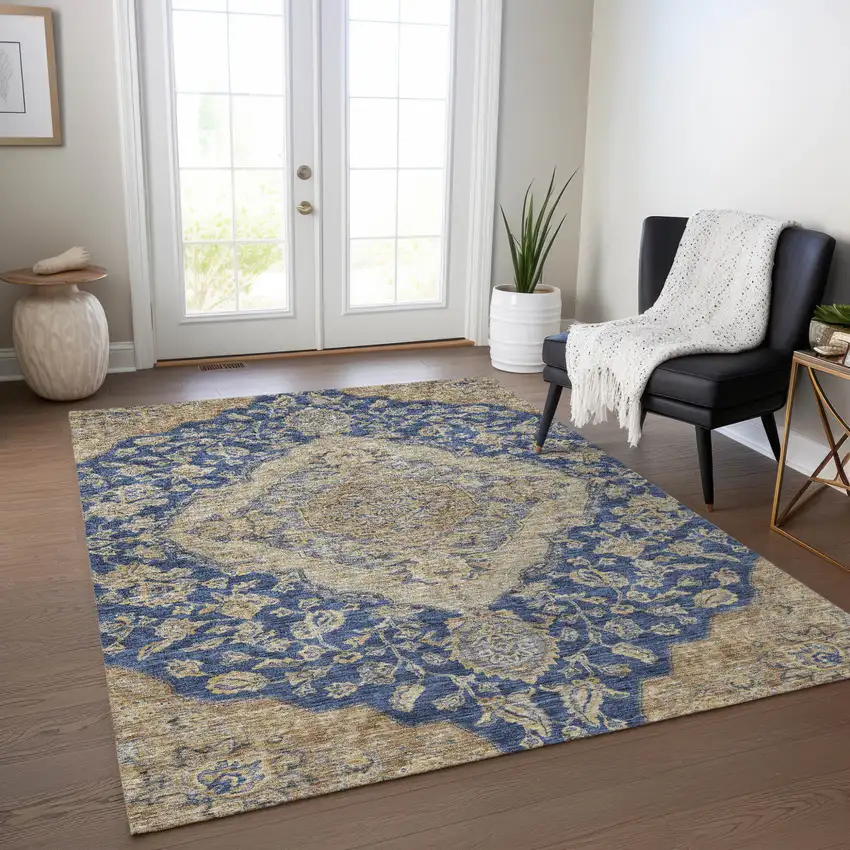Navy Blue Beige And Brown Oriental Washable Indoor Outdoor Area Rug Photo 8