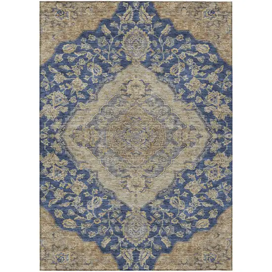 Navy Blue Beige And Brown Oriental Washable Indoor Outdoor Area Rug Photo 2