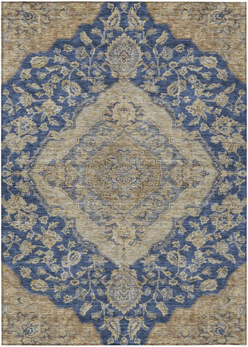 Navy Blue Beige And Brown Oriental Washable Indoor Outdoor Area Rug Photo 2