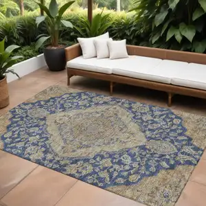 Photo of Navy Blue Beige And Brown Oriental Washable Indoor Outdoor Area Rug