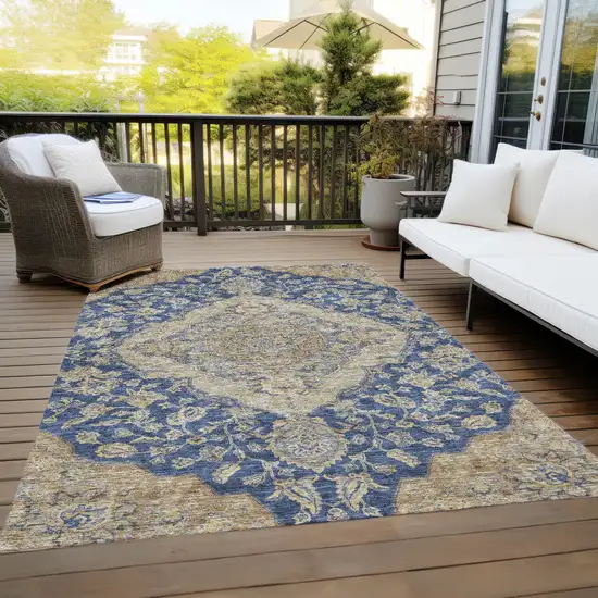 Navy Blue Beige And Brown Oriental Washable Indoor Outdoor Area Rug Photo 9