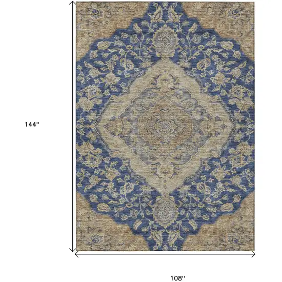 Navy Blue Beige And Brown Oriental Washable Indoor Outdoor Area Rug Photo 6