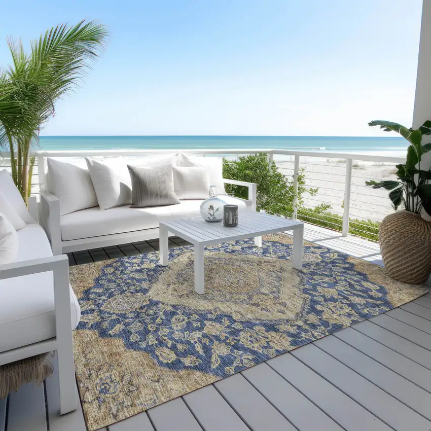 Navy Blue Beige And Brown Oriental Washable Indoor Outdoor Area Rug Photo 7