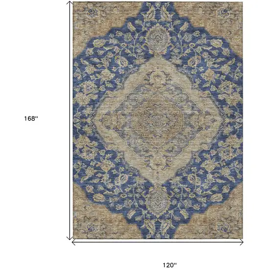 Navy Blue Beige And Brown Oriental Washable Indoor Outdoor Area Rug Photo 7