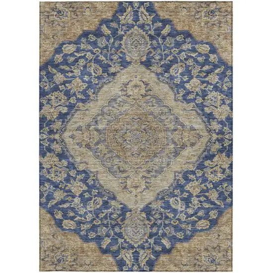 Navy Blue Beige And Brown Oriental Washable Indoor Outdoor Area Rug Photo 6