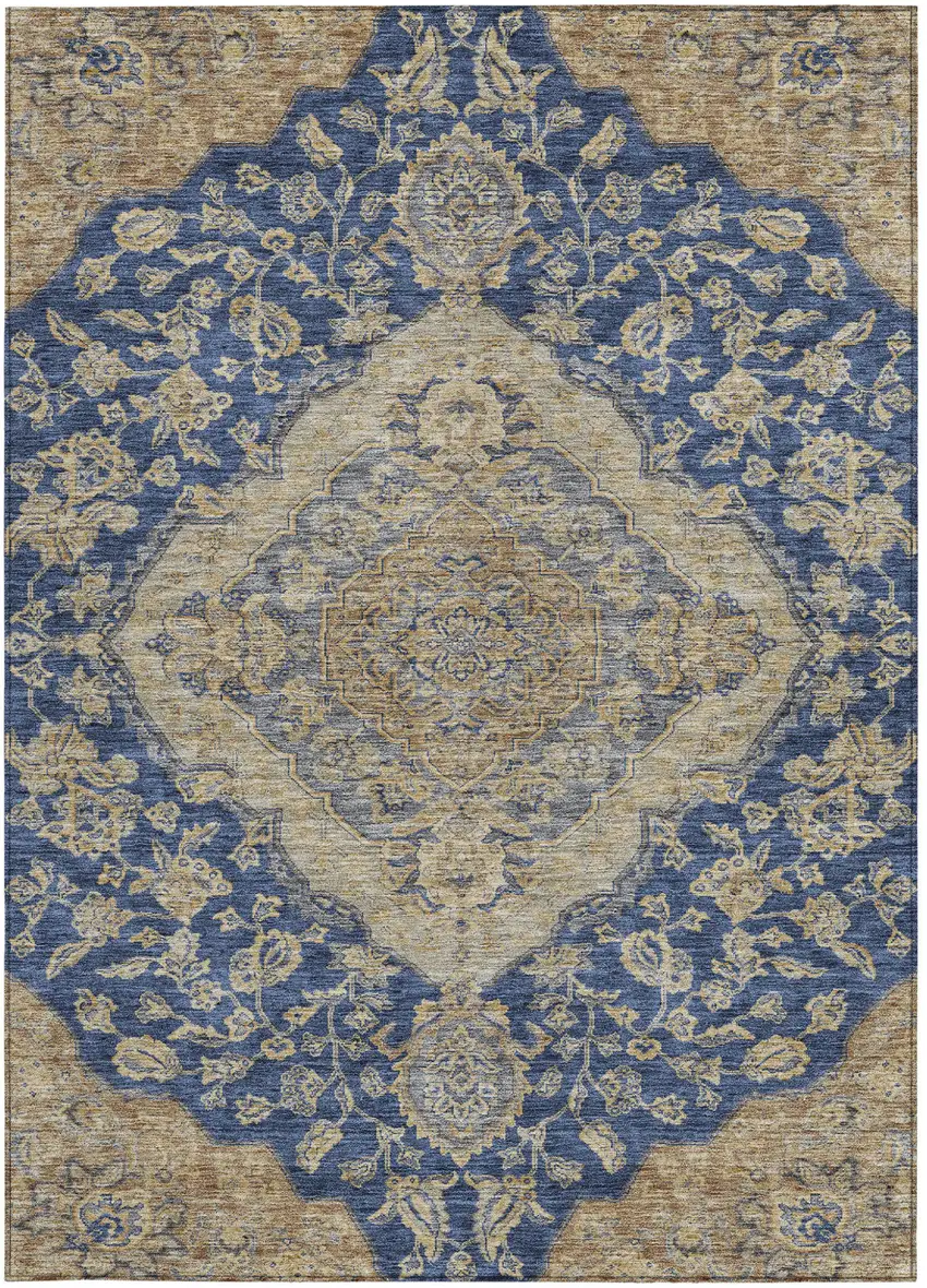 Navy Blue Beige And Brown Oriental Washable Indoor Outdoor Area Rug Photo 6