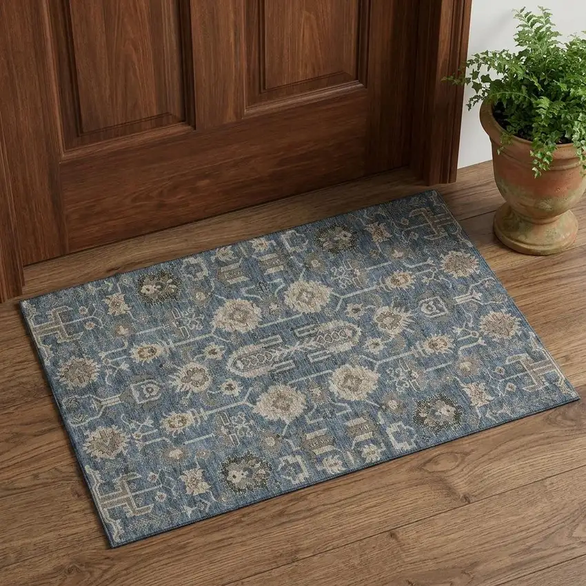 Navy Blue Beige And Charcoal Oriental Washable Area Rug With UV Protection Photo 1