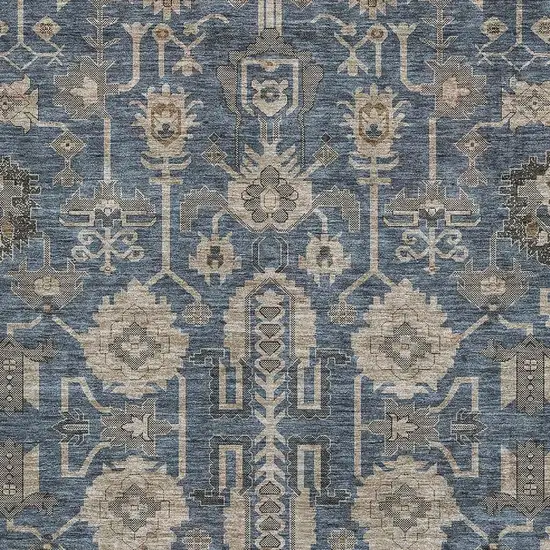 Navy Blue Beige And Charcoal Oriental Washable Area Rug With UV Protection Photo 3