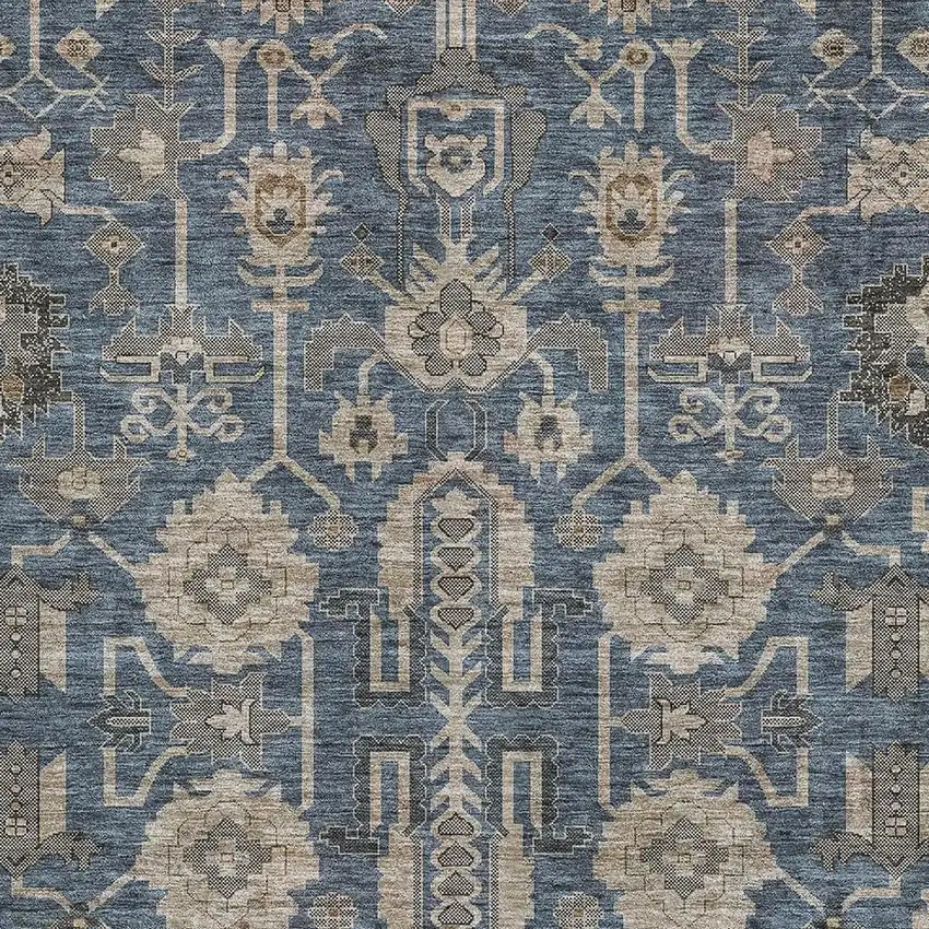 Navy Blue Beige And Charcoal Oriental Washable Area Rug With UV Protection Photo 3