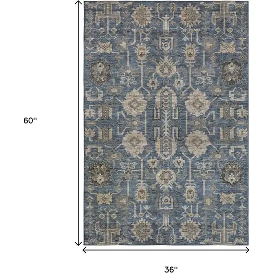 Navy Blue Beige And Charcoal Oriental Washable Area Rug With UV Protection Photo 6