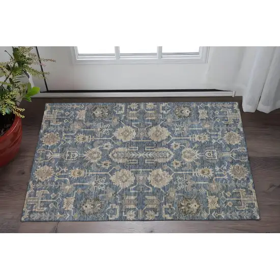 Navy Blue Beige And Charcoal Oriental Washable Area Rug With UV Protection Photo 2