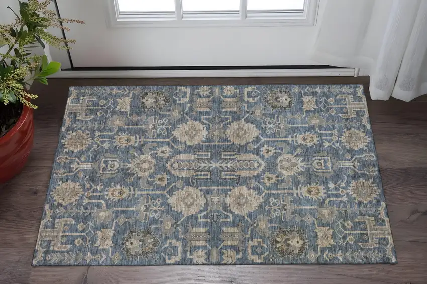 Navy Blue Beige And Charcoal Oriental Washable Area Rug With UV Protection Photo 2