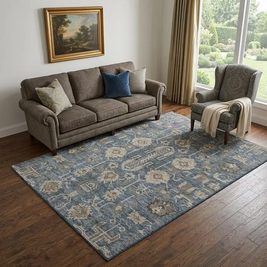 Navy Blue Beige And Charcoal Oriental Washable Area Rug With UV Protection Photo 1