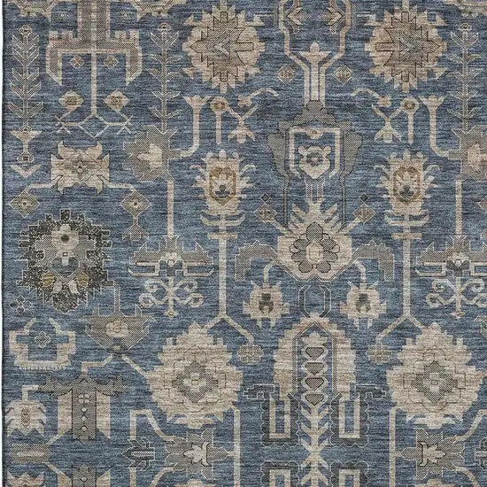 Navy Blue Beige And Charcoal Oriental Washable Area Rug With UV Protection Photo 4