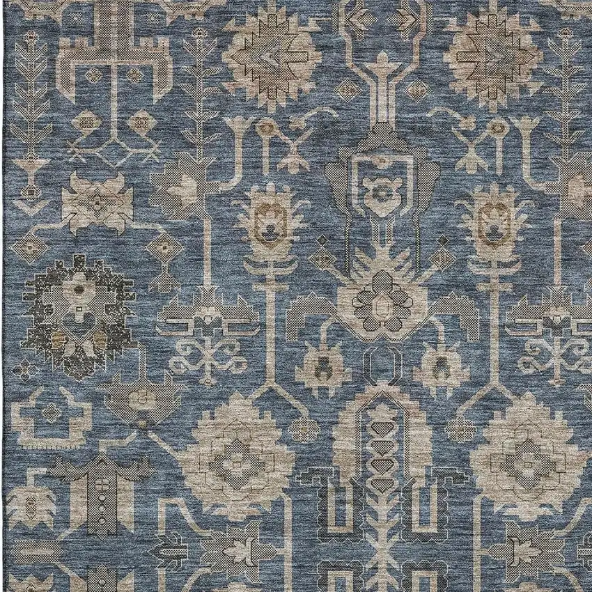 Navy Blue Beige And Charcoal Oriental Washable Area Rug With UV Protection Photo 4