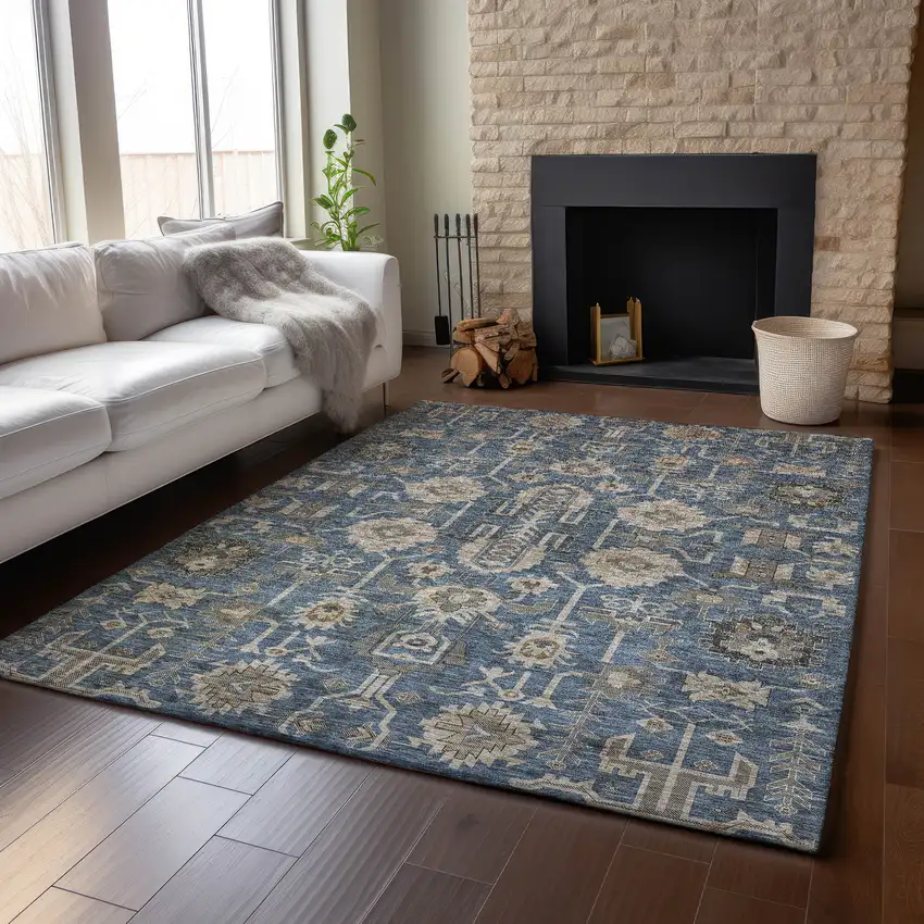 Navy Blue Beige And Charcoal Oriental Washable Area Rug With UV Protection Photo 5