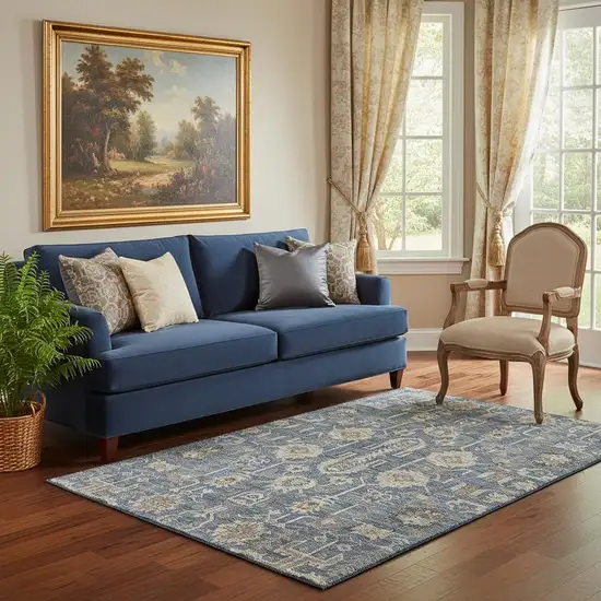 Navy Blue Beige And Charcoal Oriental Washable Area Rug With UV Protection Photo 1