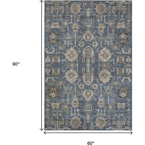 Navy Blue Beige And Charcoal Oriental Washable Area Rug With UV Protection Photo 3