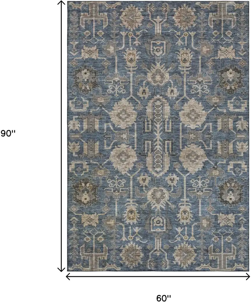 Navy Blue Beige And Charcoal Oriental Washable Area Rug With UV Protection Photo 3
