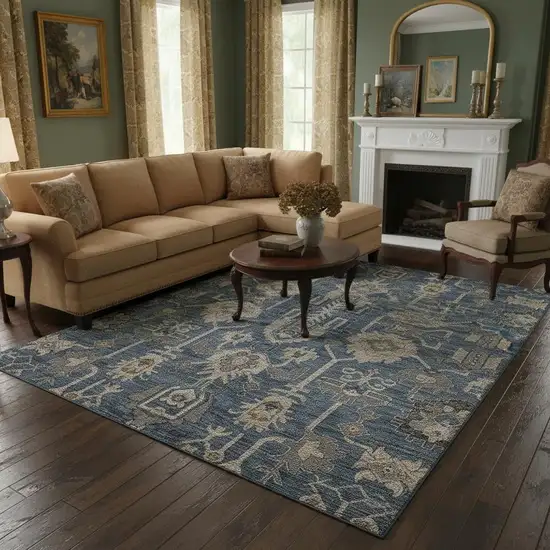 Navy Blue Beige And Charcoal Oriental Washable Area Rug With UV Protection Photo 1